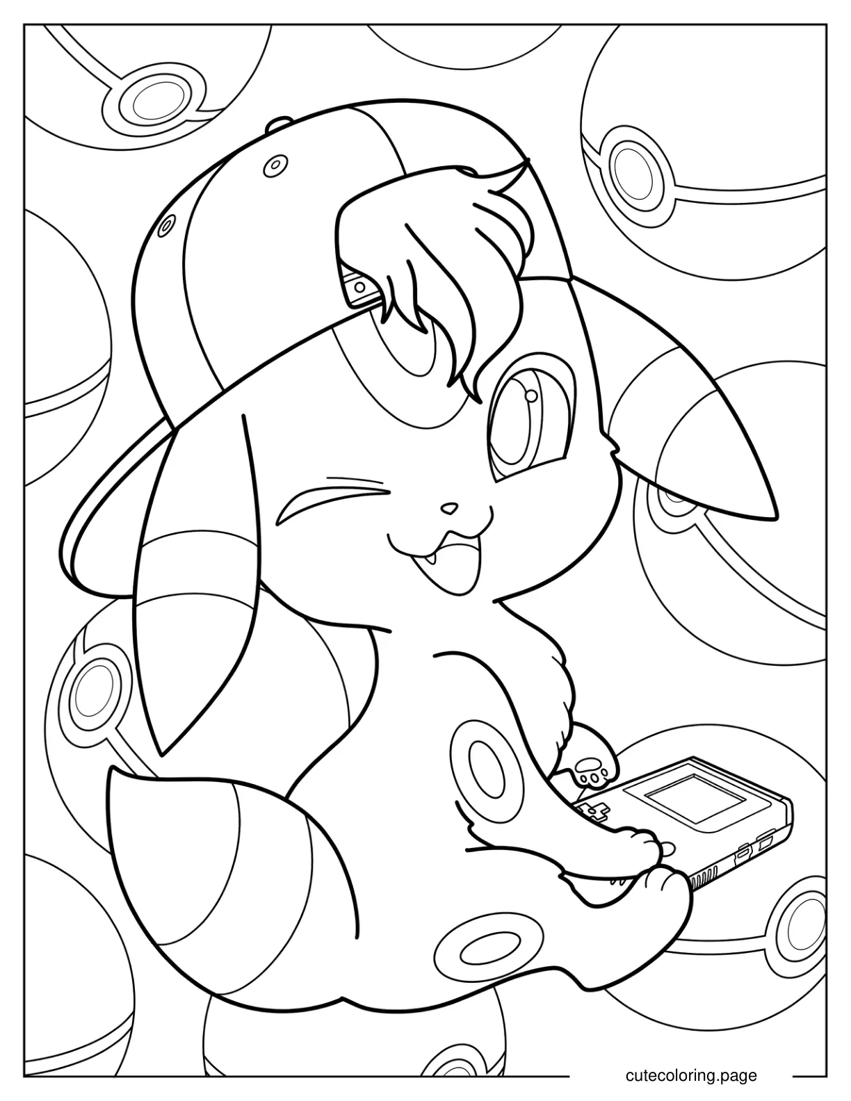 Cute Umbreon Wearing Cap And Playing Game Boy coloring page