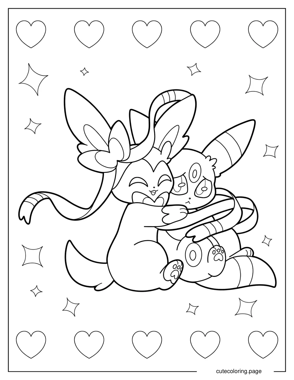 Kawaii Sylveon Hugging Umbreon Coloring Page coloring page