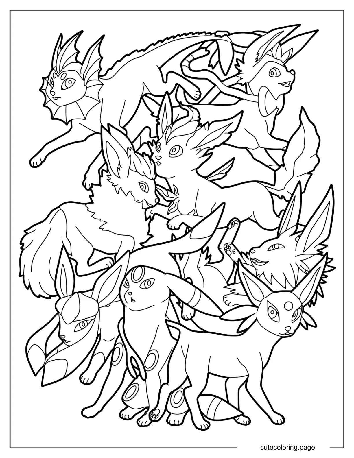 Umbreon With All Eevee Evolutions Coloring Page coloring page