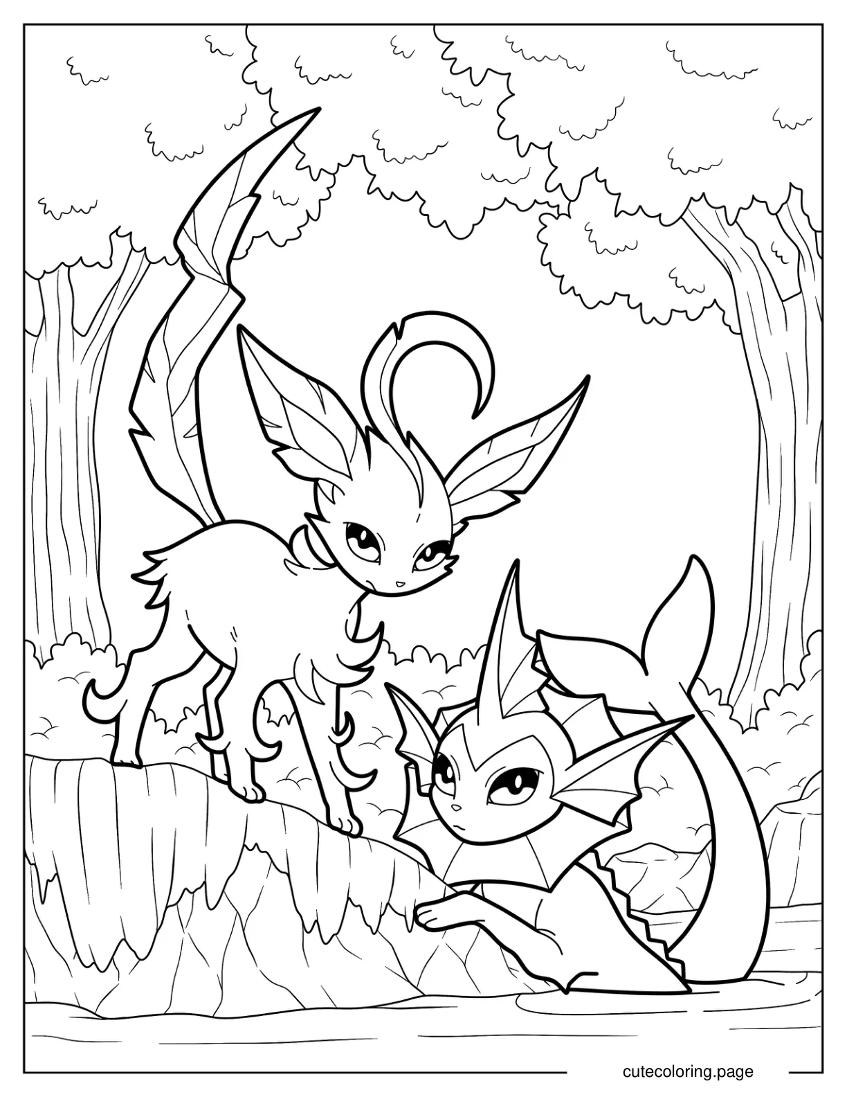 Leafeon On Land With Vaporeon In Water coloring page