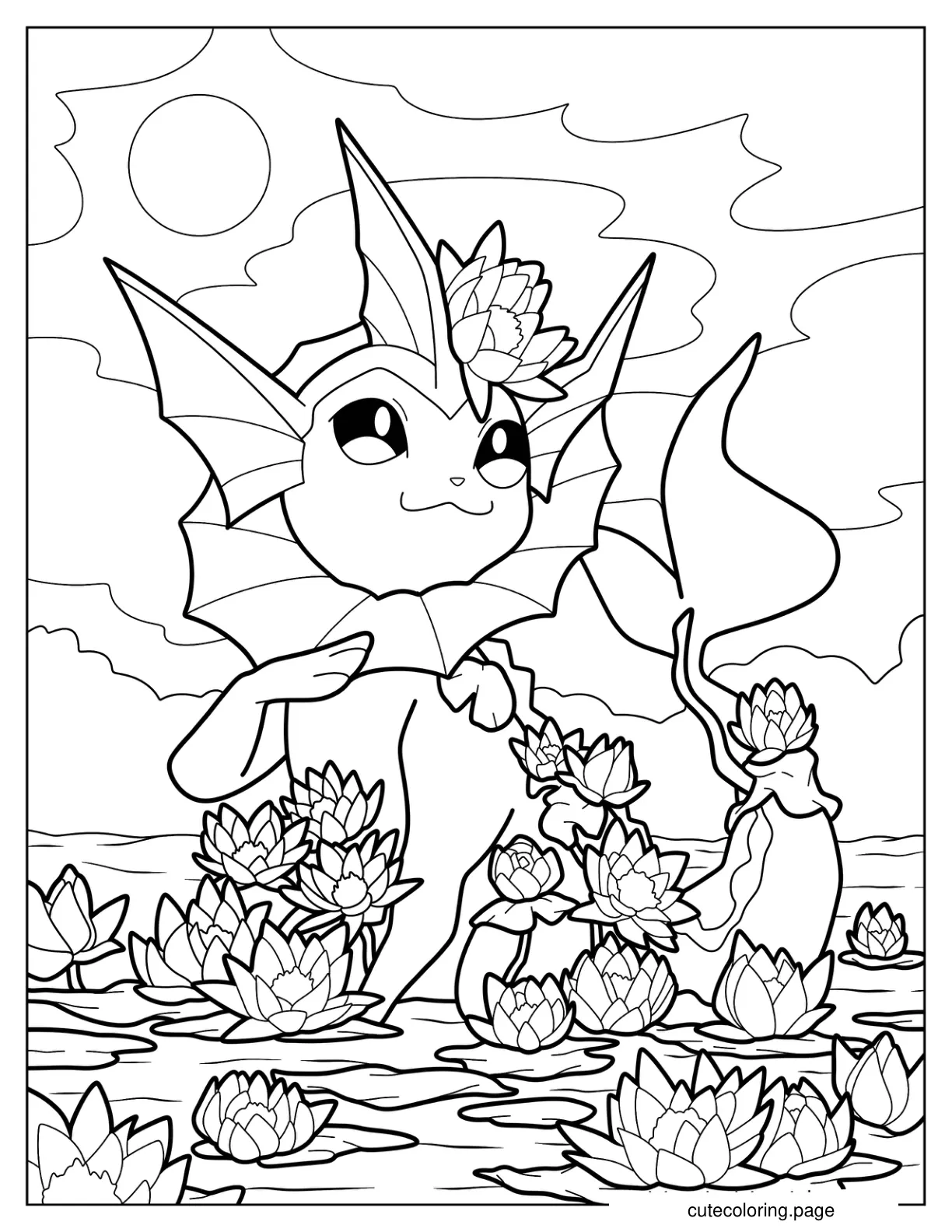 Smiling Vaporeon Surrounded By Lotus Flowers Coloring Page coloring page