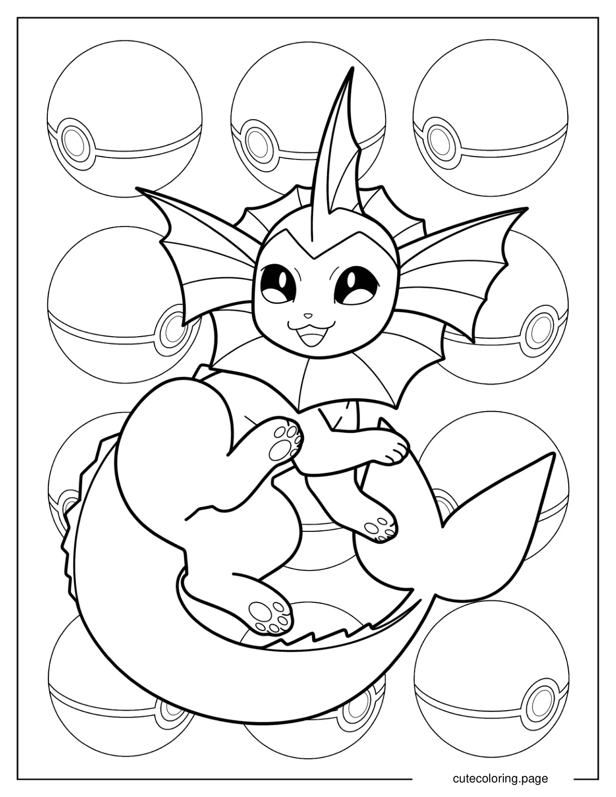 Vaporeon With Pokeball Background Coloring Page For Kids coloring page