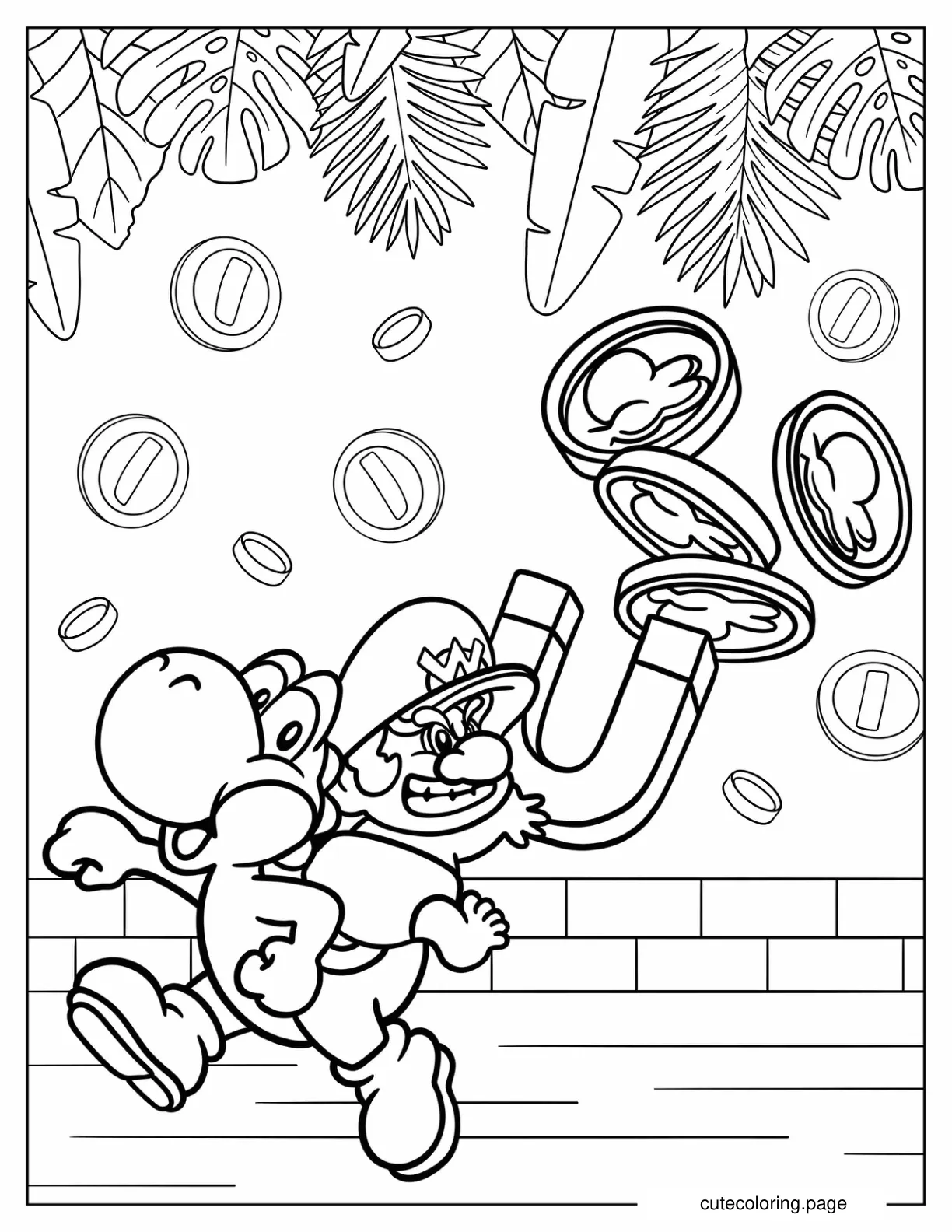 Baby Wario Riding Yoshi To Collect Coins coloring page