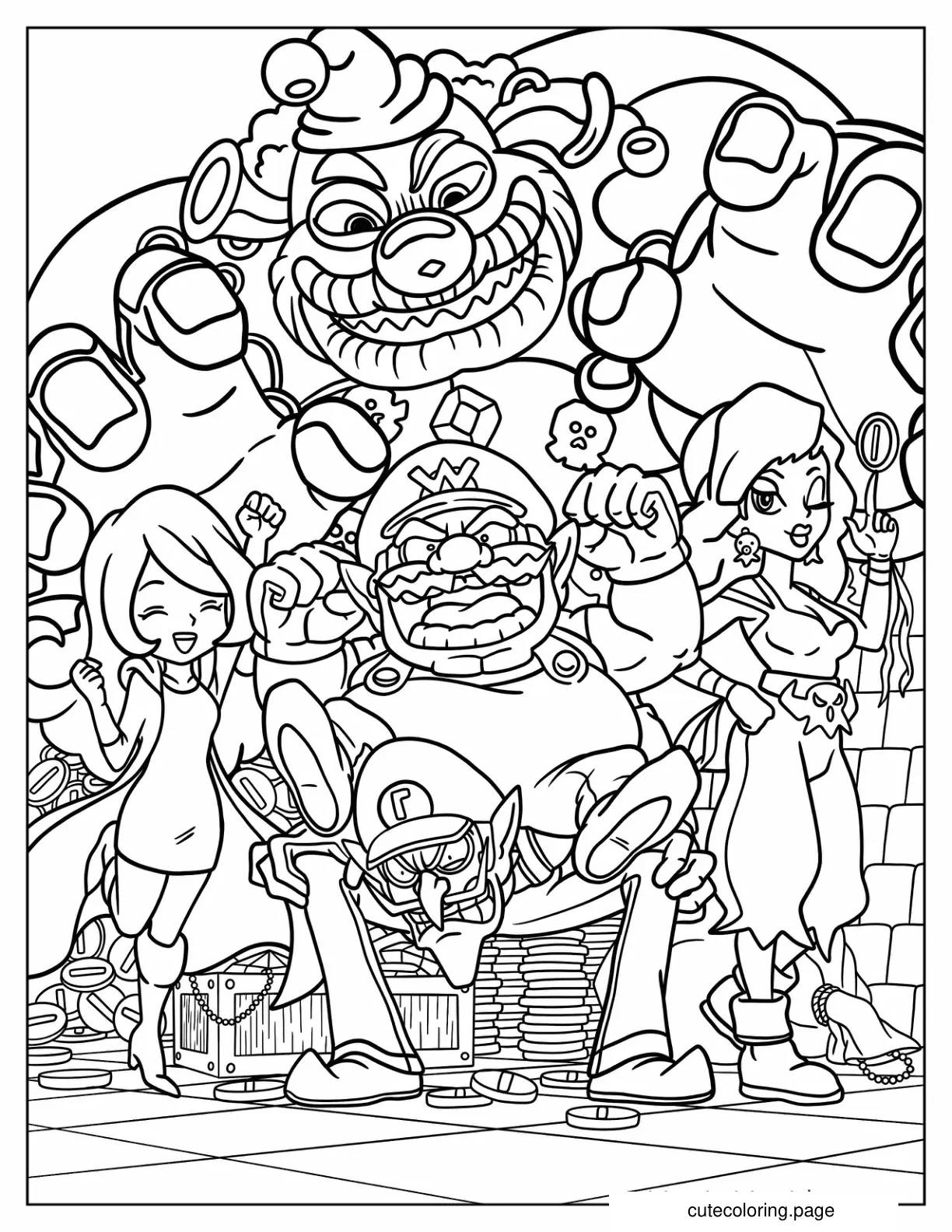 Detailed Wario With Waluigi Captain Syrup Mona And Rudy The Clown Coloring Page coloring page