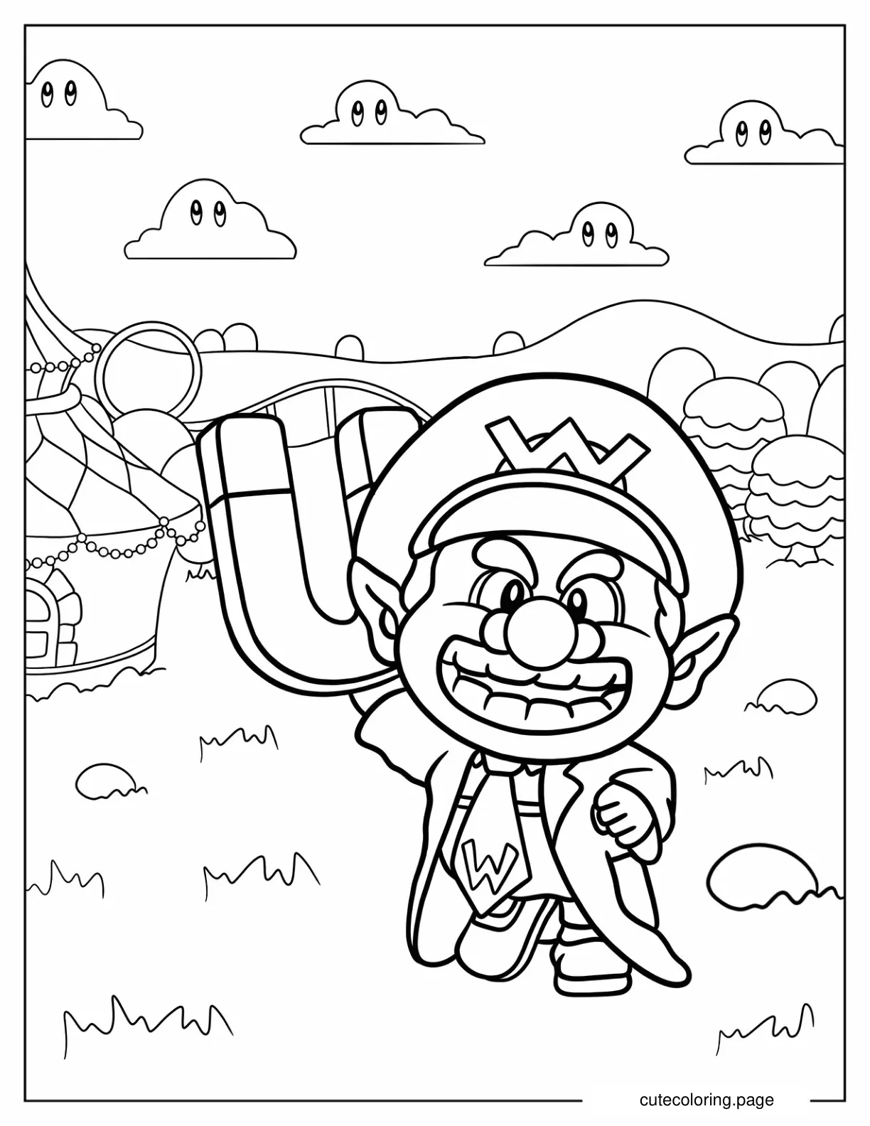 Dr. Baby Wario Holding Monstruous Magnet Coloring Sheet For Preschoolers coloring page