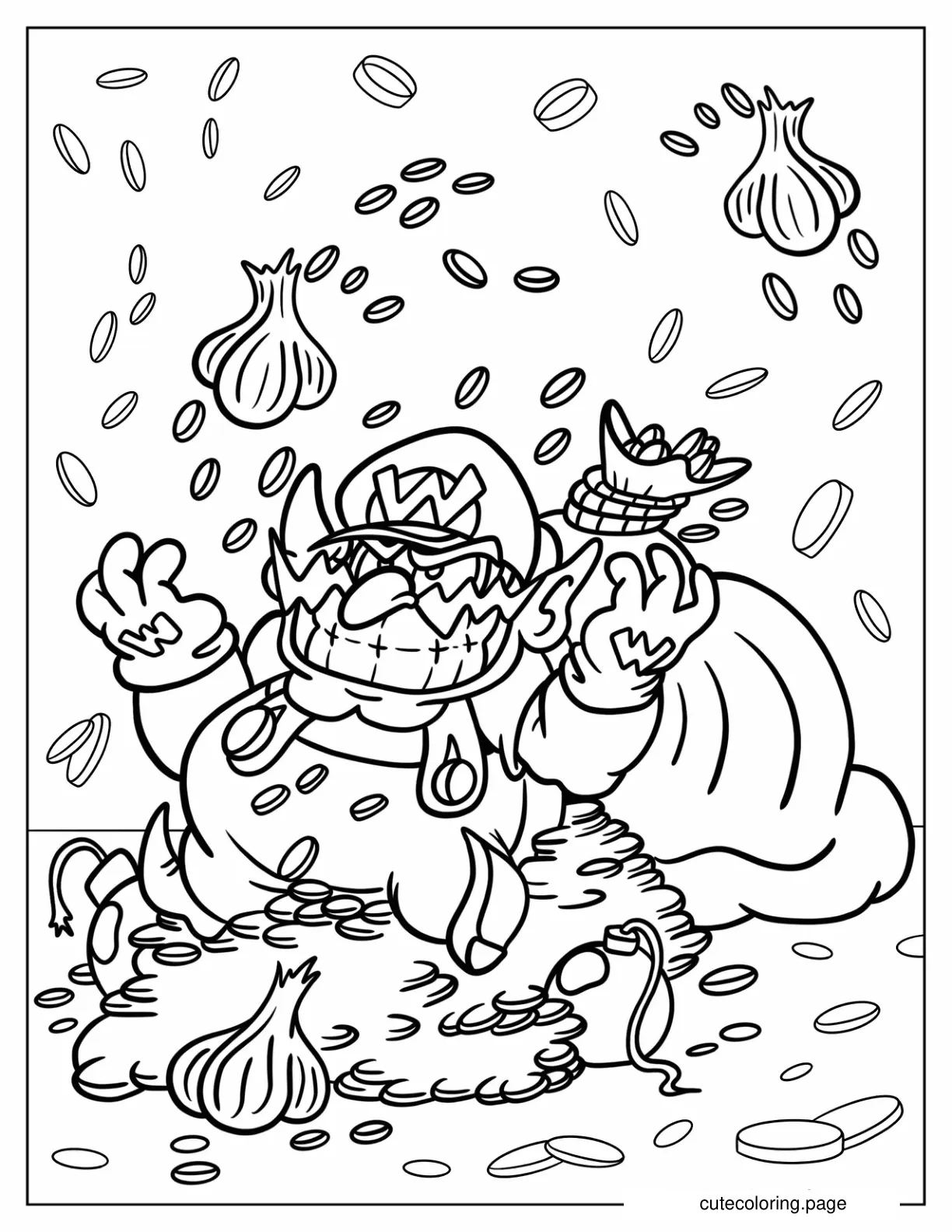 Gold Coins Raining On Wario Coloring Sheet coloring page