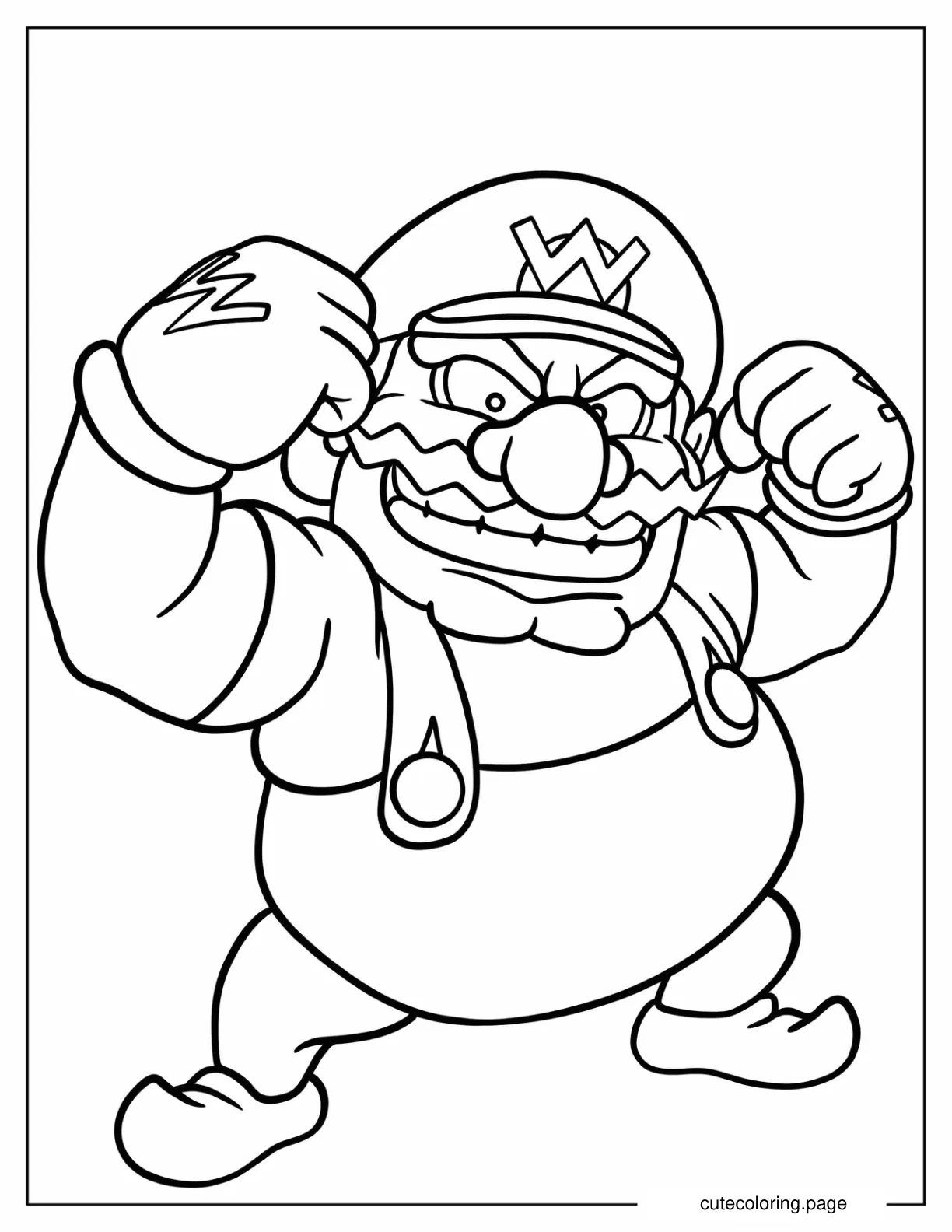 Simple Wario Flexing Muscles Coloring Page For Kids coloring page