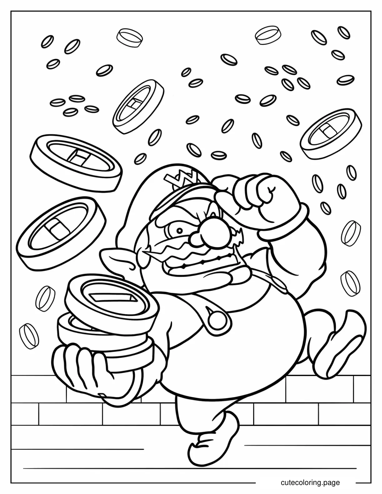 Waluigi Collecting Mushroom Coins Coloring Sheet coloring page