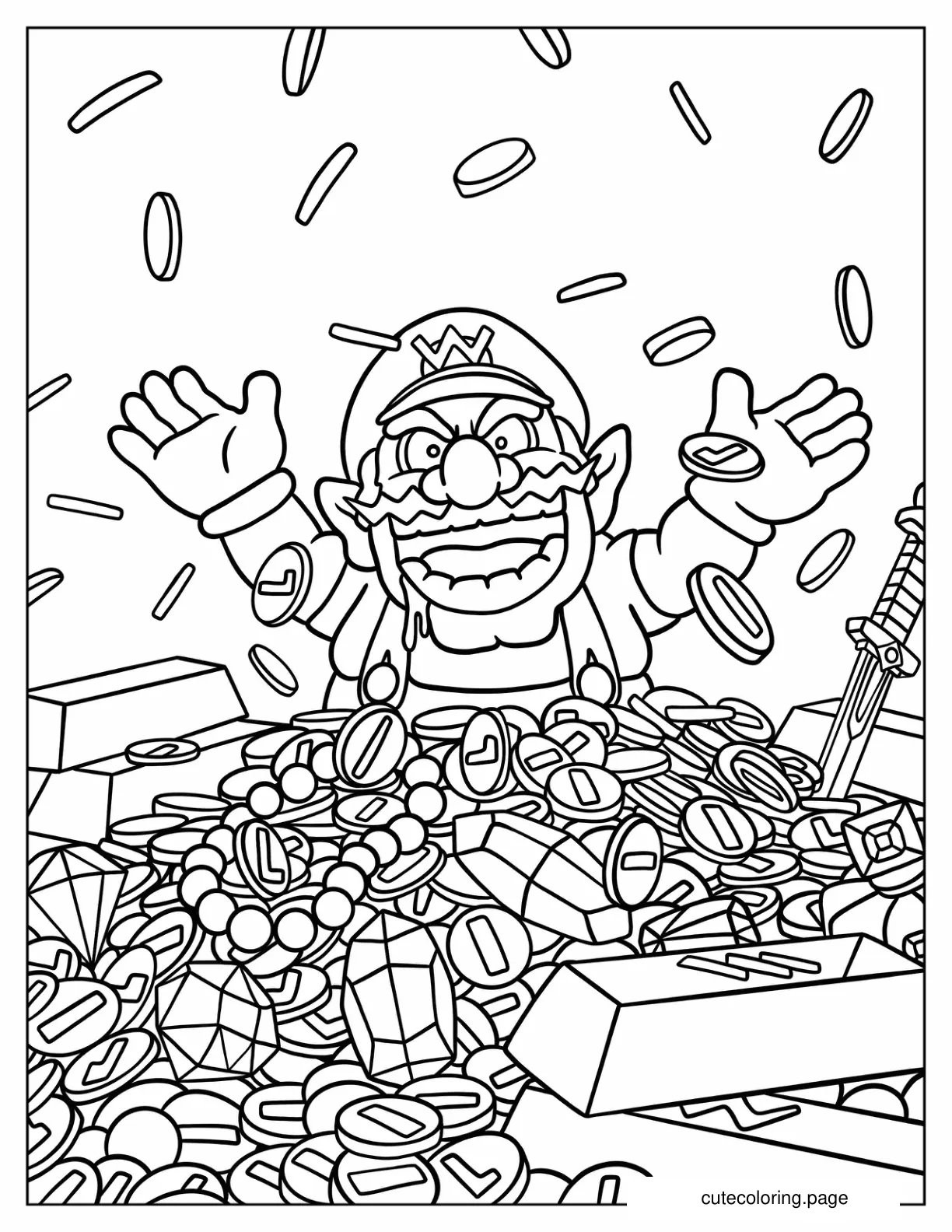 Wario Drowning In Mushroom Coins Coloring Page coloring page