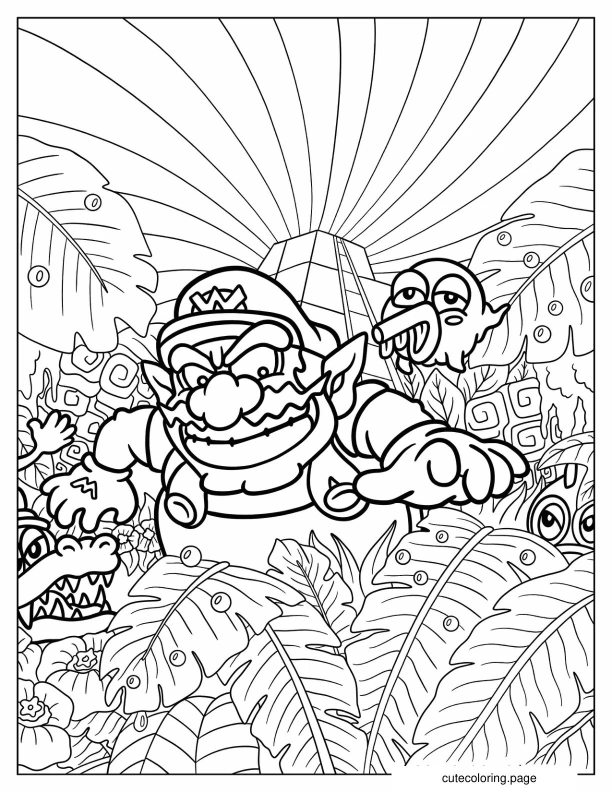 Wario In The Forest With Cheep Cheep coloring page