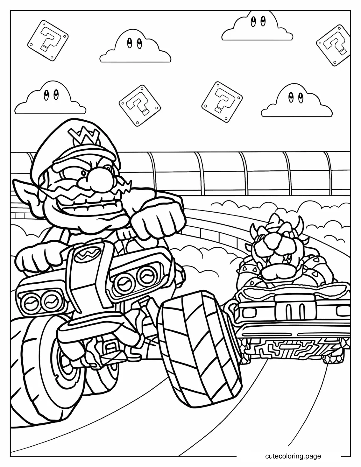 Wario Racing Bowser In Mario Kart coloring page